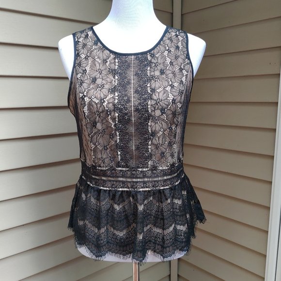 LOFT Tops - LOFT Peplum Lace Blouse Black Cream Sleeveless